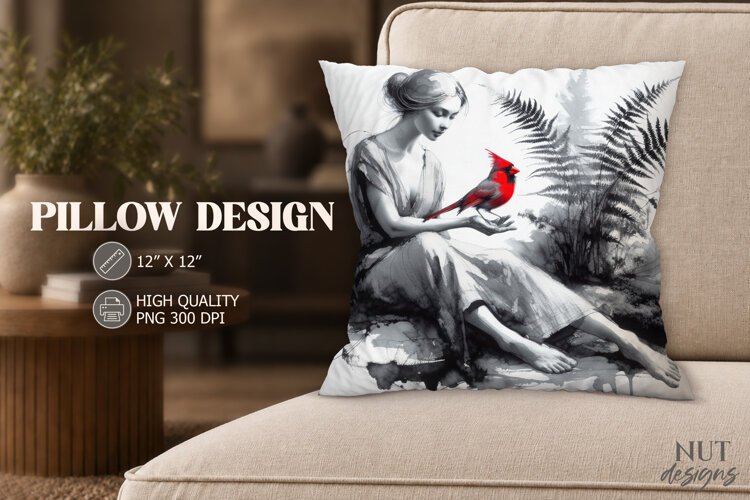 Monochrome Woman and Red Cardinal Pillow watercolor example image 1