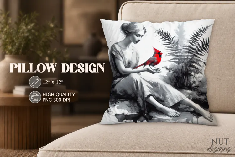 Monochrome Woman and Red Cardinal Pillow watercolor
