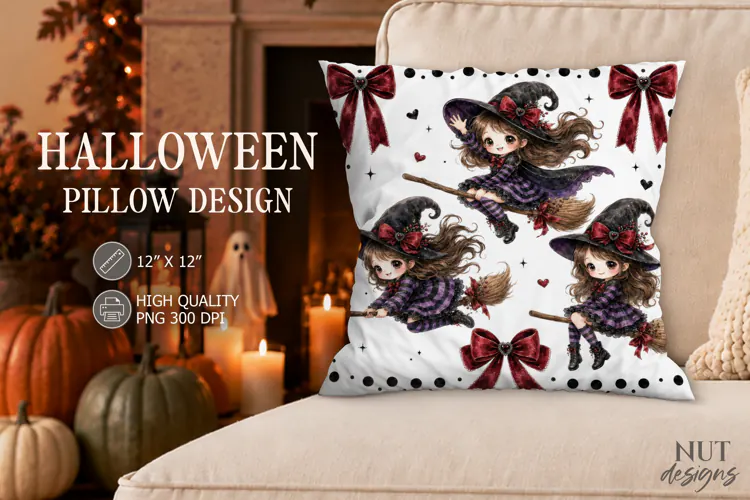 Cute three witches Halloween Pillow Flying Witch