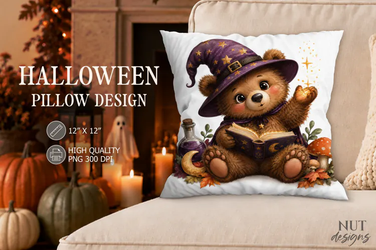 Cute Witch Bear Halloween Pillow