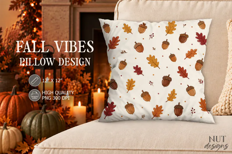 Fall Acorn Oak Leaf Pillow PNG