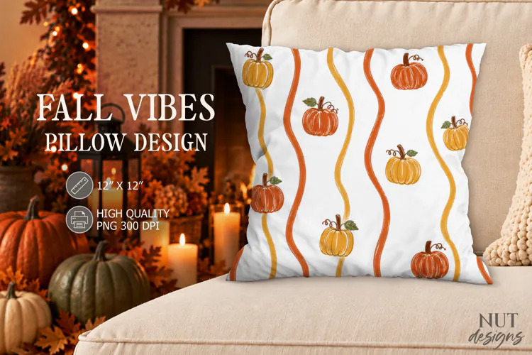 Fall Pumpkin Wavy Stripe Pillow PNG