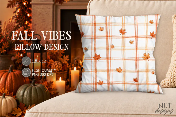 Fall Plaid Maple Leaf Pillow PNG