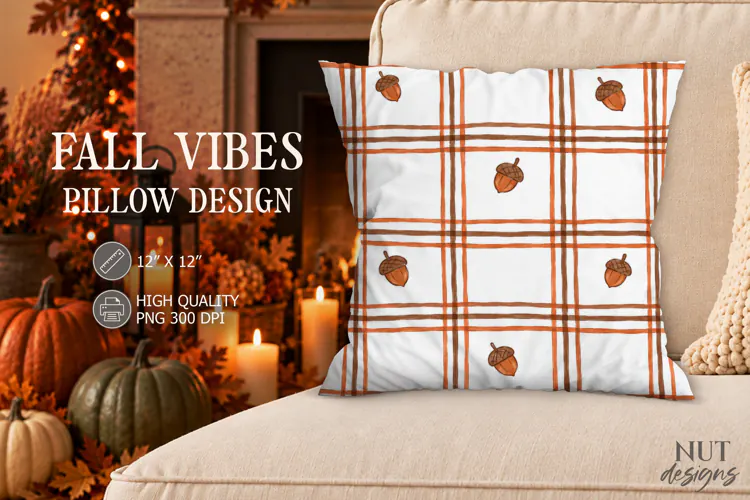 Fall Plaid Acorn Pillow PNG