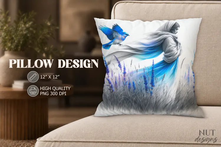 Monochrome Woman and Blue bird Meadow Pillow watercolor