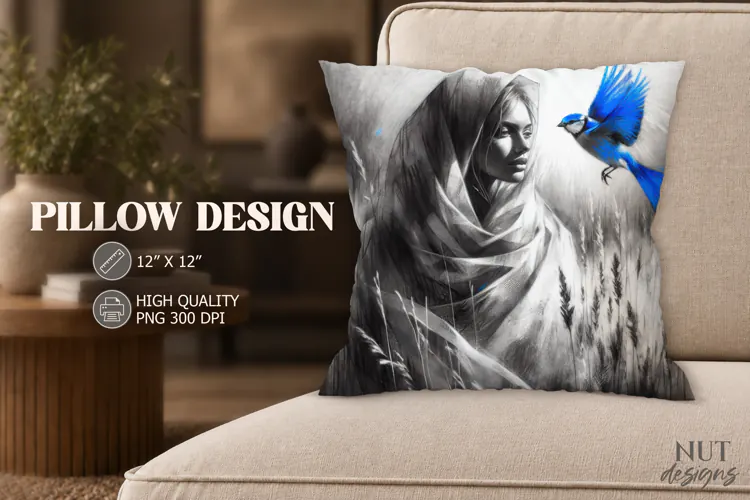 Grayscale Woman Blue Bird Pillow watercolor portrait