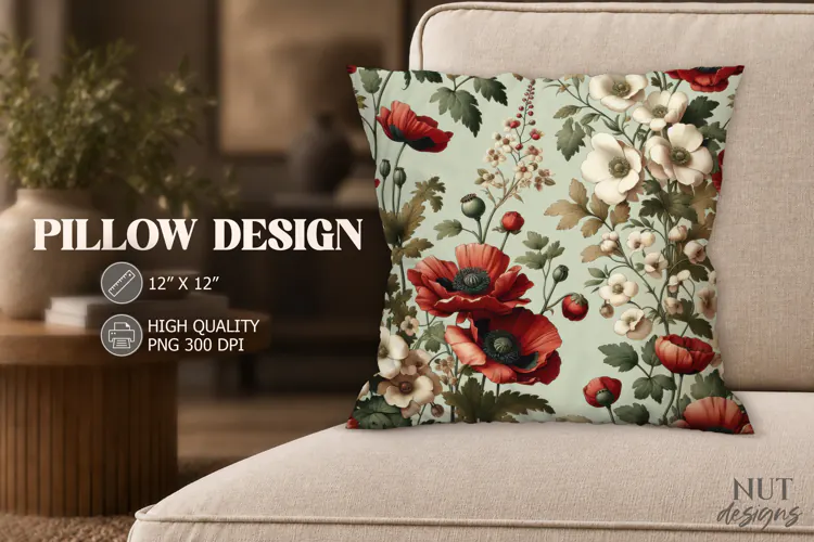 Botanical Pillow, Vintage Poppy Floral Pillow PNG