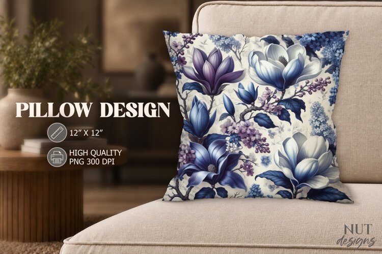 Classic Botanical Pillow, Blue Purple Magnolia Pillow example image 1
