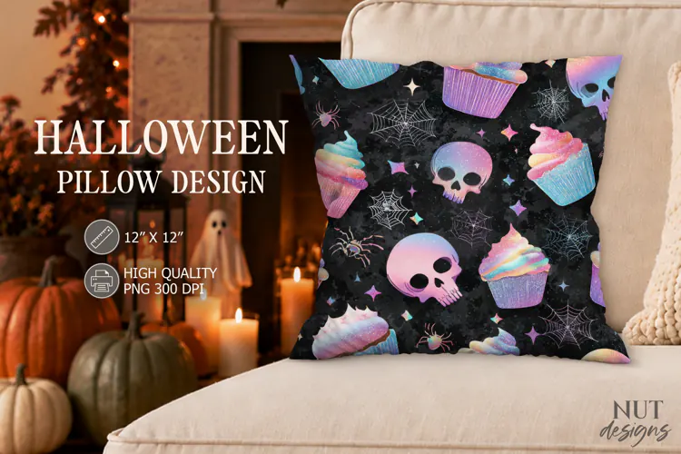 Pastel Skull Cupcake Halloween Pillow