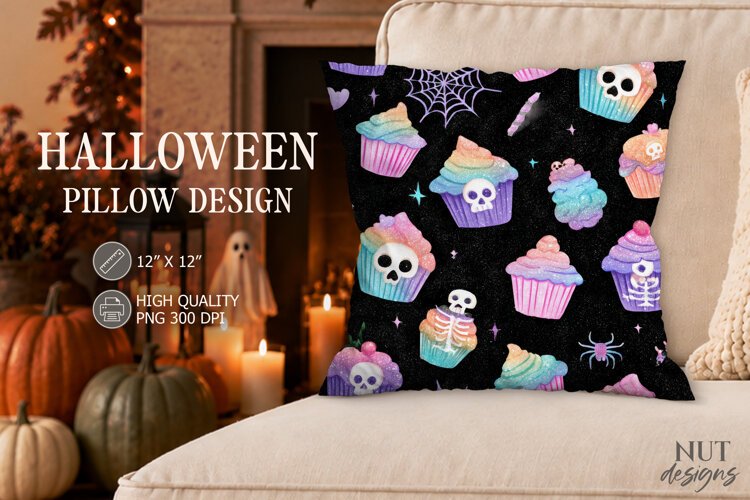 Pastel Skeleton Cupcake Halloween Pillow example image 1