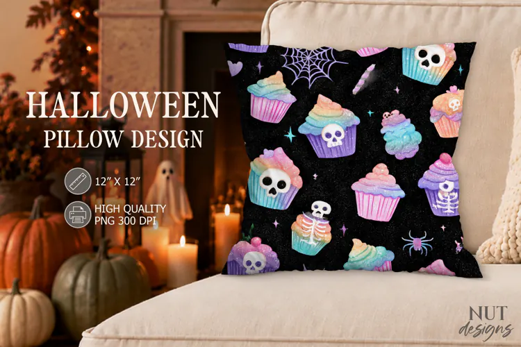 Pastel Skeleton Cupcake Halloween Pillow
