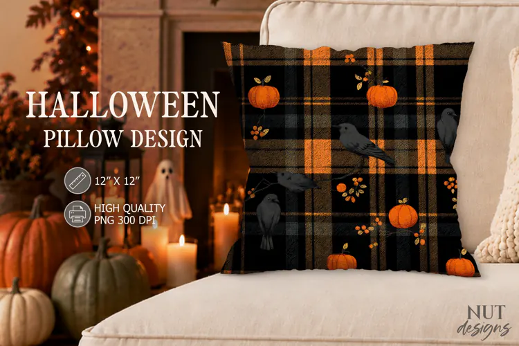 Halloween Crow Pumpkin Plaid Pillow