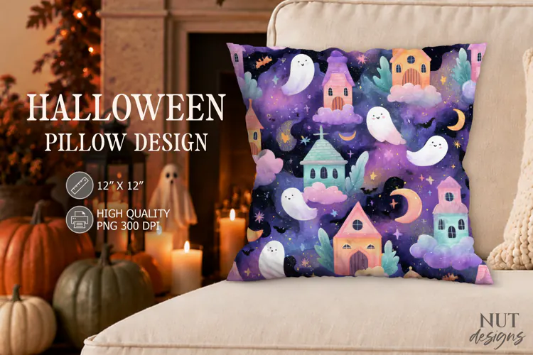 Pastel Ghost Village Halloween Pillow