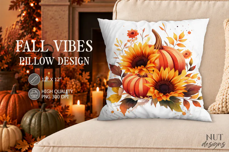 Watercolor Pumpkin Sunflower Pillow