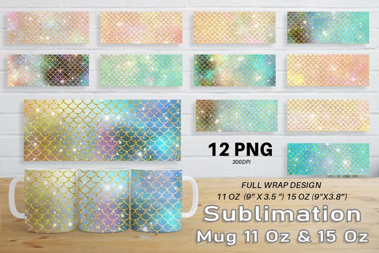 12 Mug Sublimation Design gold scales mermaid and shine
