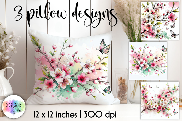Cherry Blossom Watercolor Branch Illustration & Butterflies