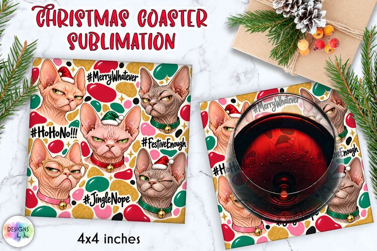 Funny Christmas Sphynx Cat Coaster Sublimation example image 1
