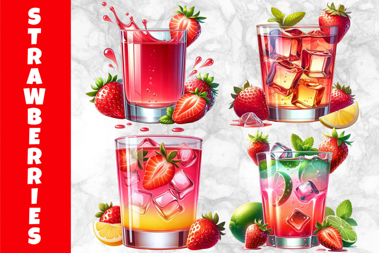 Strawberry Lemonade Clipart, Summer Strawberry Ice Tea Print