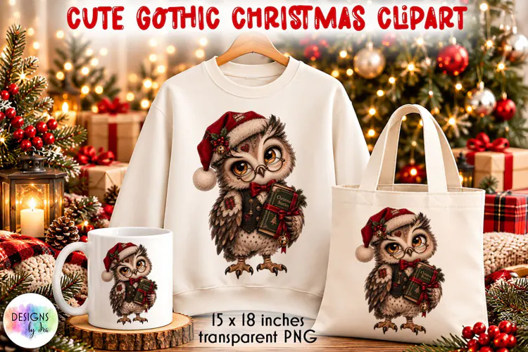 Cute Gothic Christmas Owl PNG Clipart