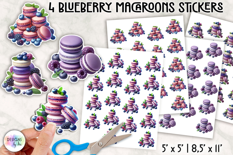 Blueberry Macarons Stickers, Elegant French Dessert Clipart