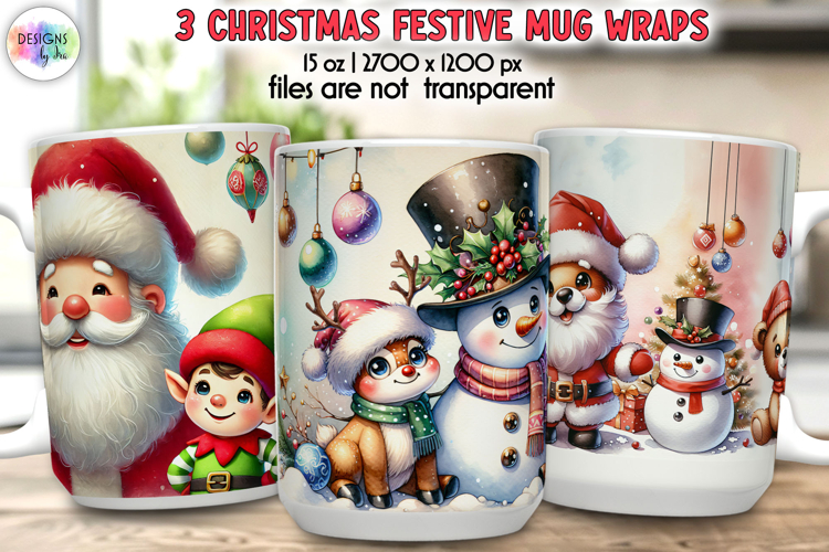 Cute Christmas Mug Wrap with Santa, Snowman and Reindeer