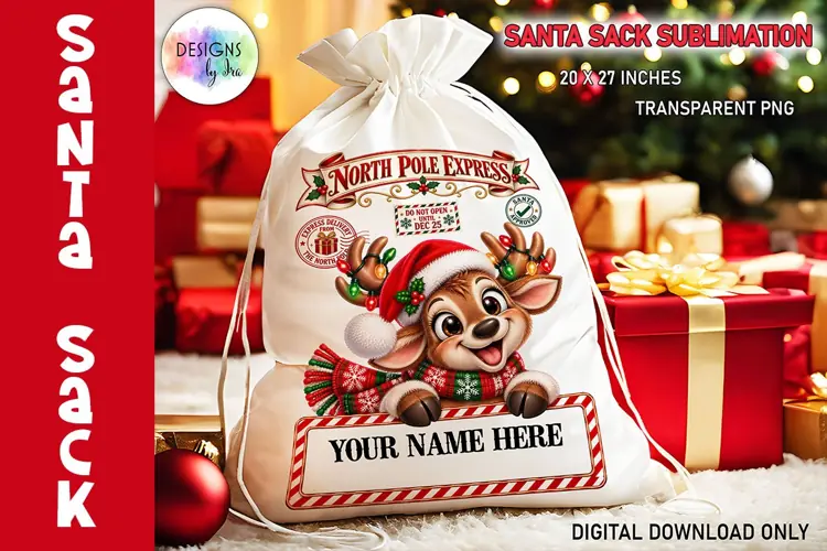 Santa Sack Sublimation, Cute Reindeer Santa Sack, North Pole