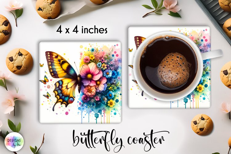 Floral Butterfly Coaster | Watercolour Butterfly Coaster PNG example image 1