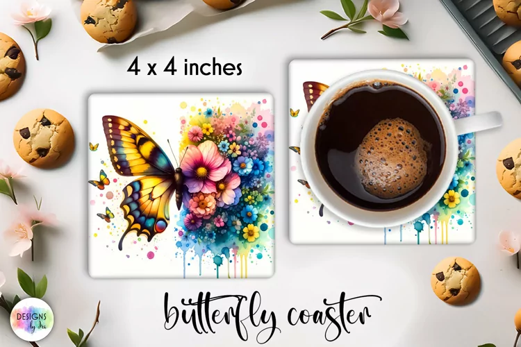 Floral Butterfly Coaster | Watercolour Butterfly Coaster PNG