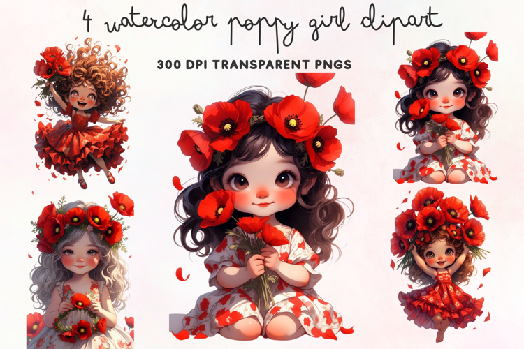 Watercolor Poppy Girl Clipart PNG