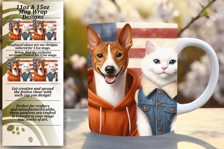 Gift 11oz Mug Wrap Png Design , Dog and cat