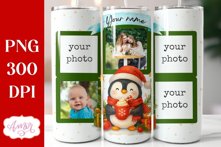 Christmas Photo tumbler wrap sublimation PNG, Cute Penguin