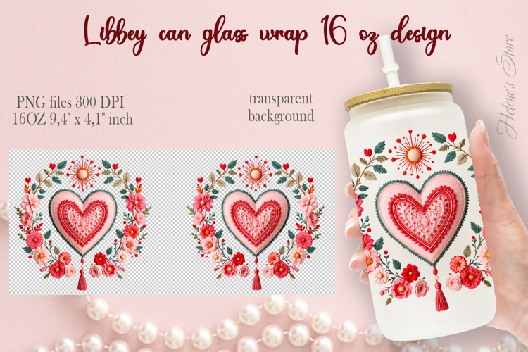 Boho Valentine pattern Libbey Can Glass Wrap 16oz design png