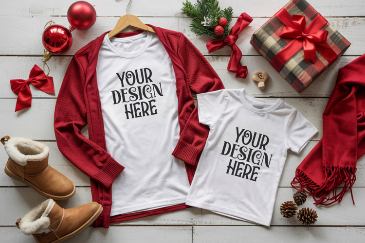 Christmas Family Matching Shirt Mockup | Cozy Boho Flat Lay