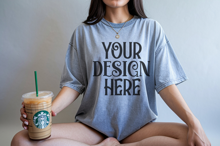 Denim Comfort Colors 1717 T-shirt Mockups, Real Model
