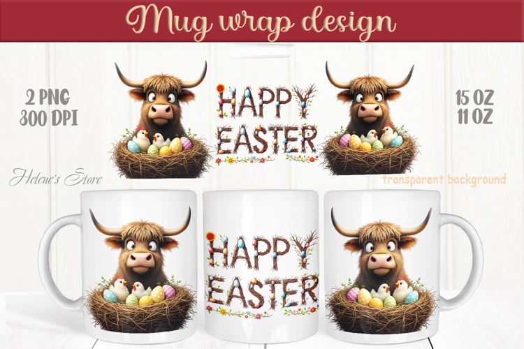 Easter highland cow with bunny mug wrap sublimation design