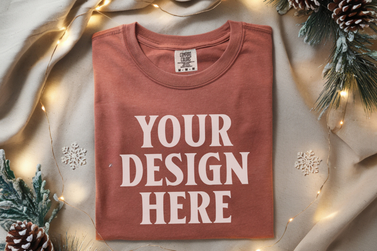 Brick Comfort Colors 1717 Christmas Folded T-Shirt Mockup