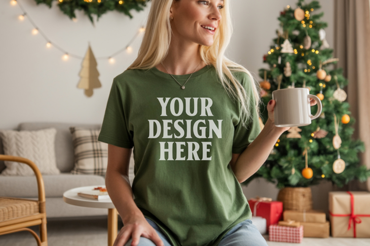 Comfort Colors 1717 Moss Christmas T-Shirt Mockup, Boho
