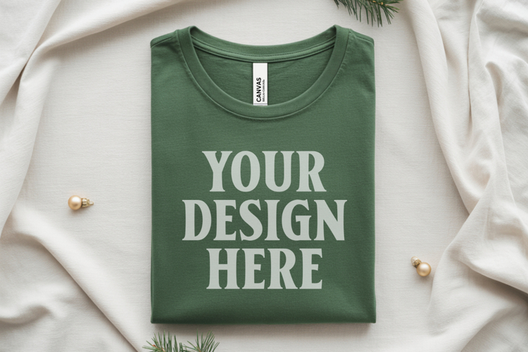 Christmas Bella Canvas 3001 Forest Green Folded Tshirt Mocku