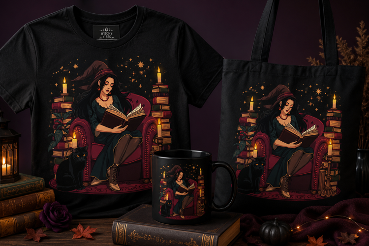 Witch Reading Book PNG | Halloween Witch, Black Cat & Candle