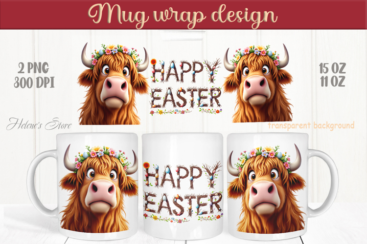 Easter highland cow with bunny mug wrap sublimation design