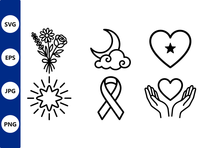 Line art bouquet moon star heart ribbon icons vector