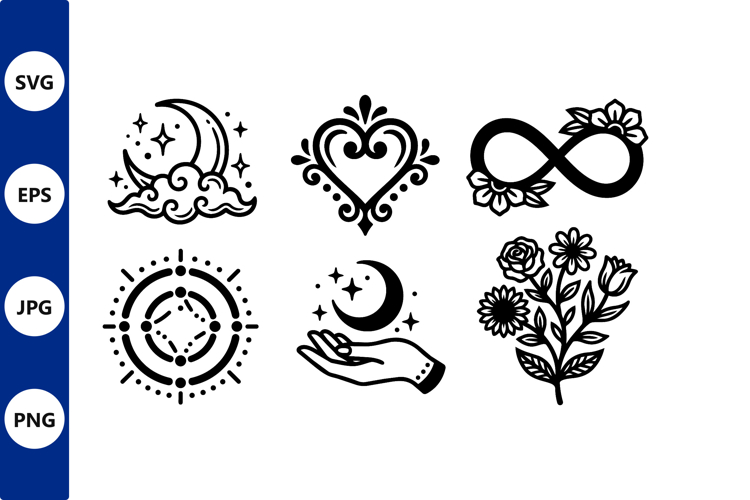 Mystical Moon Heart Floral Infinity Vector Icons