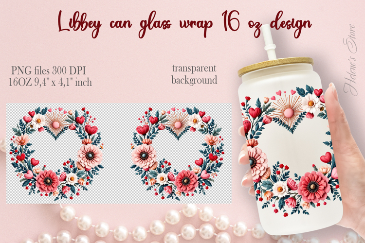 Boho Valentine pattern Libbey Can Glass Wrap 16oz design png