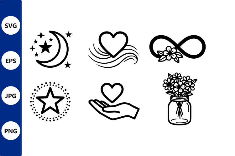 Black and White Heart Flowers Infinity Hand Vector Icons