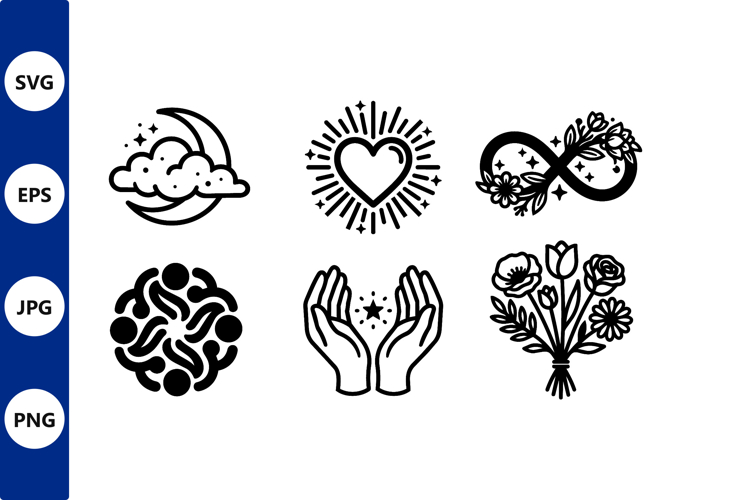 Black and White Floral Heart Moon Hands Vector Icons