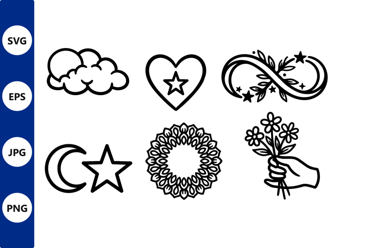Black White Line Art Cloud Heart Star Infinity Flowers