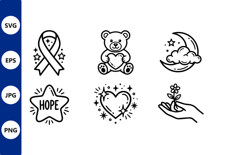 Hope ribbon teddy bear heart moon flower vector icons