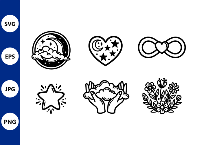 Celestial stars moon heart infinity flowers vector line art