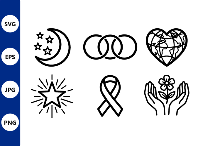 Moon Stars Ribbon Hands Flower Heart Black and White Line