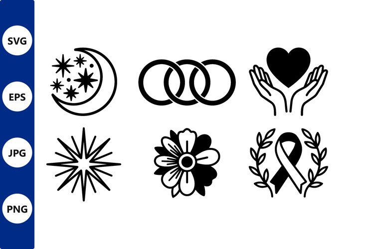 Black White Moon Stars Heart Flower Ribbon Vector